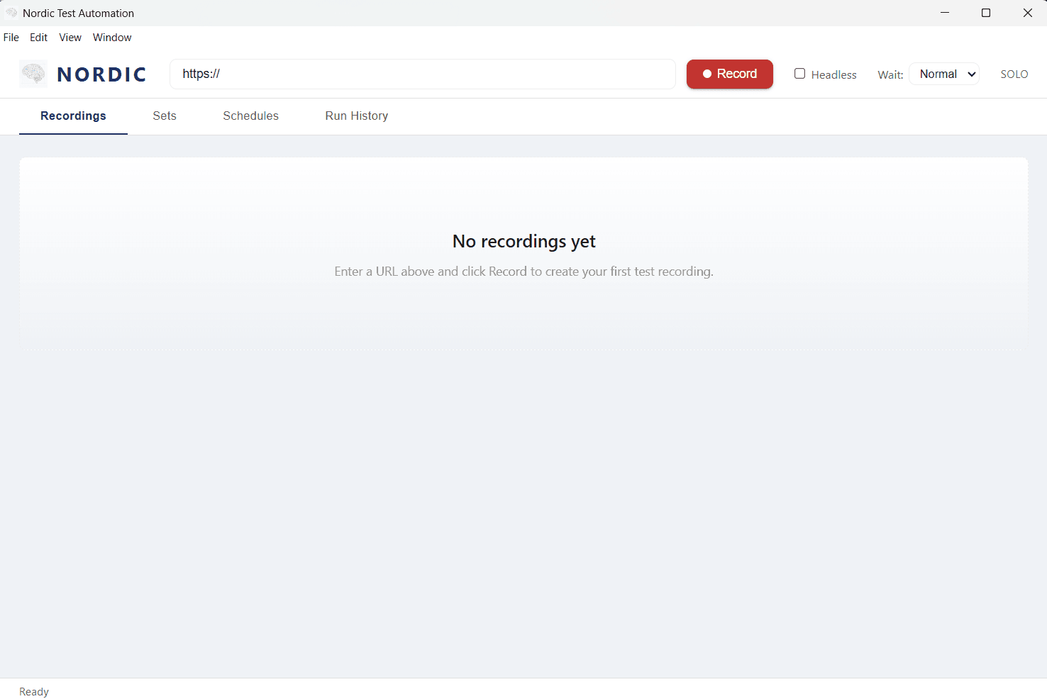Nordic Test Automation efter aktivering med URL-felt og Record-knap.