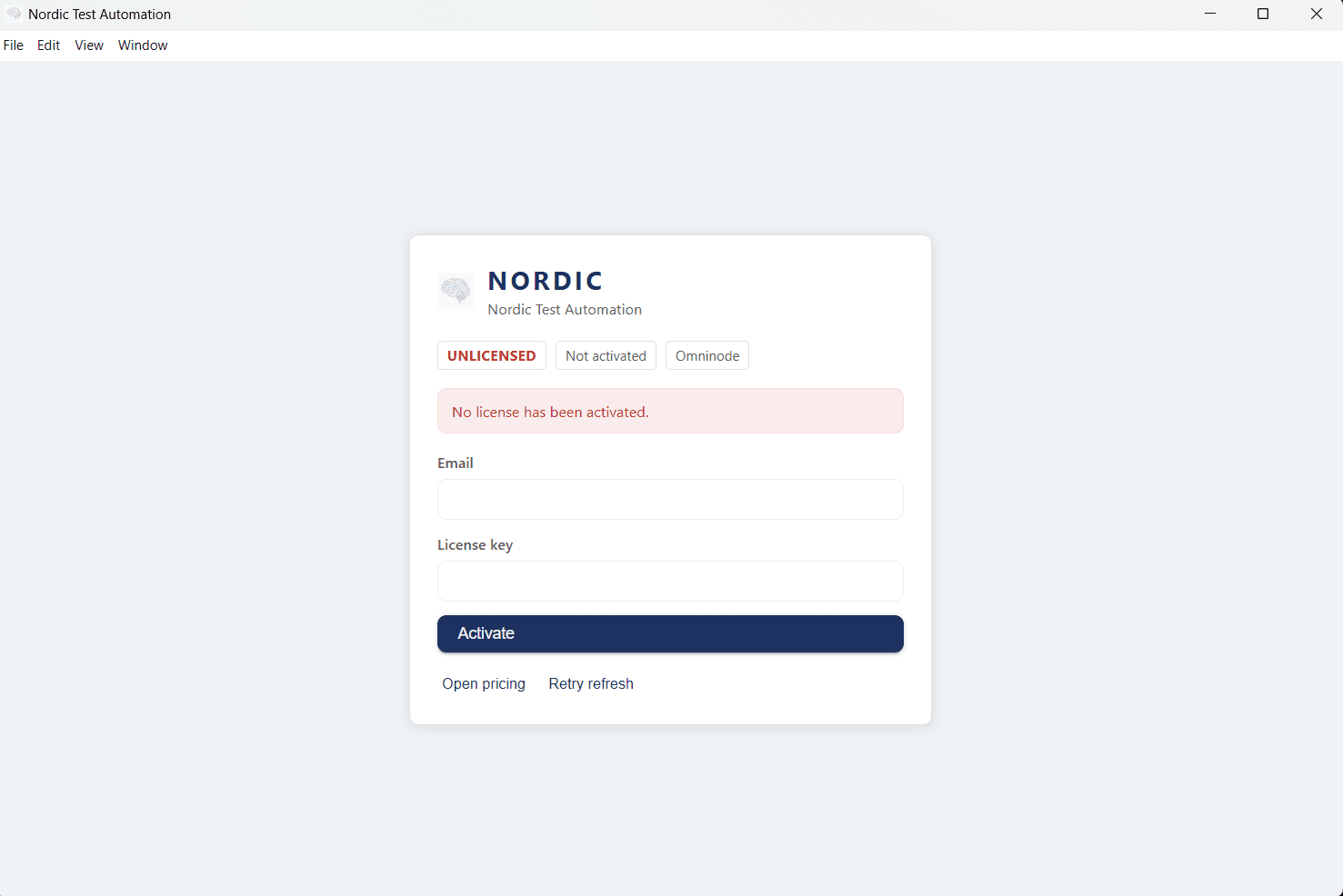 Licensskærmen i Nordic Test Automation før aktivering.