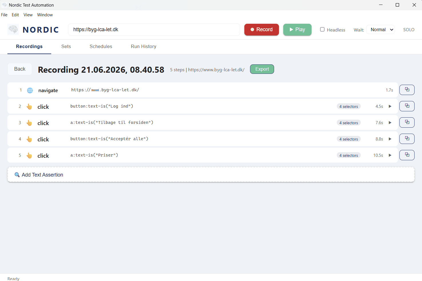 Nordic Test Automation med et optaget browserflow og knapper til optagelse og afspilning.